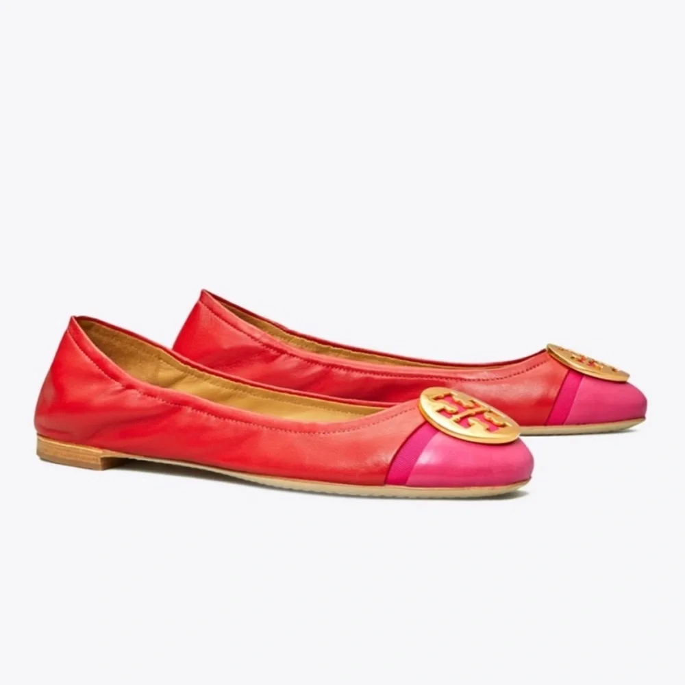 Tory Burch Cap Toe Colorblock Nappa Leather Minnie Ballet Flats Red Azalea Pink